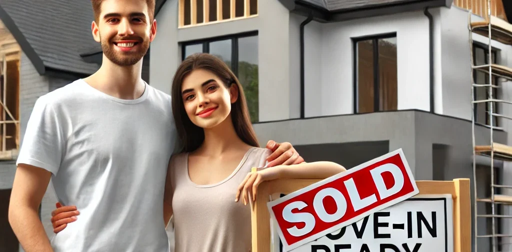 Dall·e 2025 03 24 00.39.03 a young family standing in front of a stylish move in ready home with a 'sold' sign, smiling with relief. in the background are unfinished houses unde